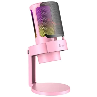 Image of FIFINE USB PC Gaming Microphone, Condenser Streaming Mic Compatible with PS4 PS5 Mac, for Recording, Podcast, Video, RGB Control, Tap to Mute, Volume Headphone Jack, Based Stand A8 Pink