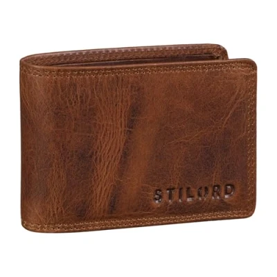 Image of STILORD &#039;Jay&#039; Mini Leather Wallet Mens RFID Blocking Slim Small Classic Card Holder with Coin Pocket in Genuine Vintage Black Gift Box, Colour:Kara Cognac