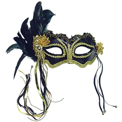 Image of Bristol Novelty EM323 Metallic Eye Mask with Side Feather, Womens, Black, One Size Halloween