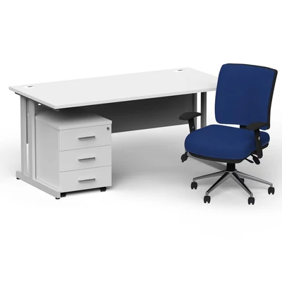 Image of Impulse 1800 Silver Cant Desk White + 3 Dr Mobile Ped &amp; Chiro Blue