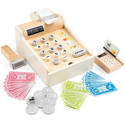 Image of New Classic Toys 10651 Wooden Cash Register with Play Money, Scanner and Bank Card, White, 200 x 165 110mm