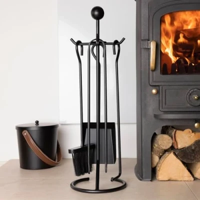 Image of Charles Bentley Snug Cedar Fireside Companion Set with Poker Tongs Coal Shovel Brush Tool Stand Iron Matte Black Finish