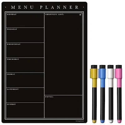 Image of TMS Magnetic Weekly Planner with Liquid Chalk Pens, Fridge Kitchen Blackboard Meal and Shopping List Dry Wipe Chalkboard, Family Whiteboard (Black A4)