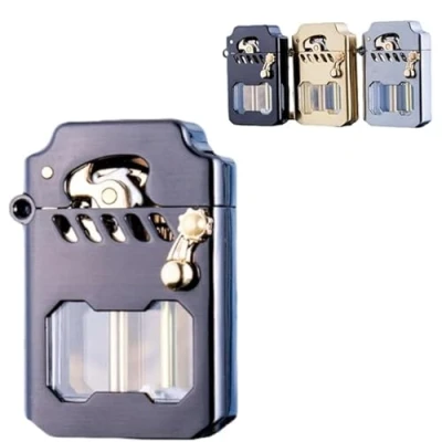 Image of Mecha metal rocker lighter, retro transparent oil tank kerosene windproof suitable for barbecue, candles, outdoor, camping, best gift men(Gold)
