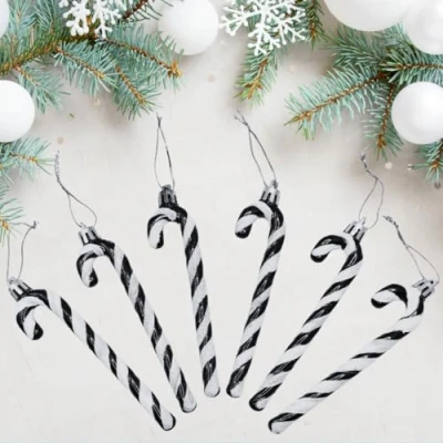 Image of Glitter Candy Cane Christmas Tree Hanging Decoration Bauble Xmas Ornament Pack of 6 13cm (Black)