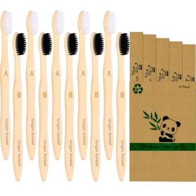 Image of Bamboo Toothbrushes, 10 Pcs Eco Friendly Biodegradable Toothbrush with Soft Bristles 5 Black &amp; White
