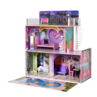 Image of Olivia&#039;s Little World Large Dreamland Sunset Contemporary Kids Interactive Wooden Dolls House 3 Floors with 16 Doll Furniture Accessories Multi TD 13616A
