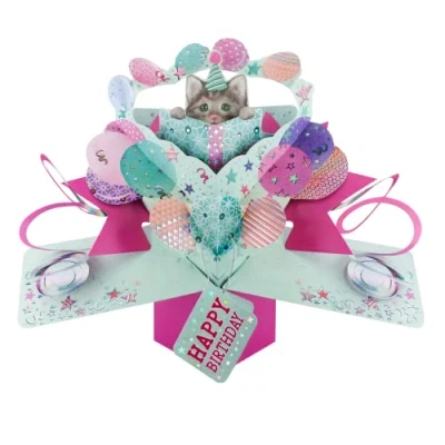 Image of Happy Birthday Pop Up Card Cat With Gift Greeting 3D Cards POP219