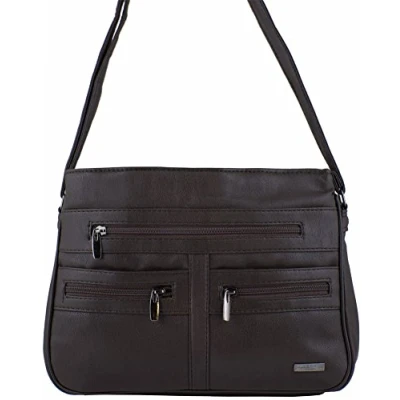 Image of Large Faux Leather Handbag/Shoulder Bag with 7 Zip Compartments &amp; Double Top (Dark Brown)