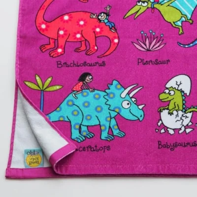 Image of Tyrrell Katz Kids Cute Dinosaurs Printed Towel in Pink Children’s Bath Sheet 100% Soft Cotton Beach Cloth with Rectangular Design 70 x 140 cm