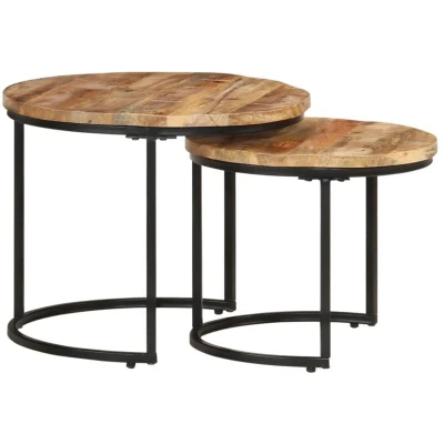 Image of vidaXL Nesting Tables in Natural Rough Mango Wood Set of 2, Round Shape, Perfect for Living Room, Study, Hallway