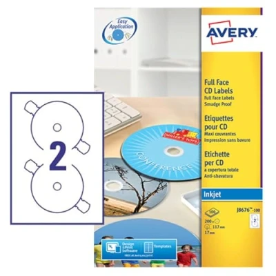 Image of Avery J8676 100 Printable, Customisable Full Face CD Labels, 2 Labels Per A4 Sheet, White