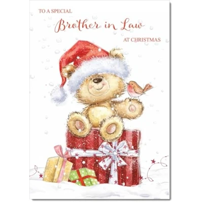 Image of doodlecards Brother in Law Christmas Card Cute Bear on Parcel Medium Size for with Plain Envelope
