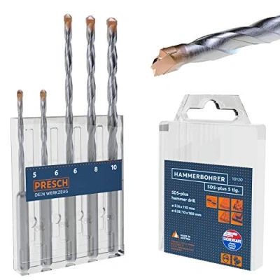 Image of Presch SDS Plus Carbide Drill Bit Set 5 pcs Hammer for Concrete, Stone, Granite, Brick and Masonry Bits Concrete Ø 10mm