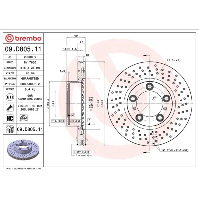 Image of 98135140101, 98135140201, 98135140202 Brake disc BREMBO 09.D805.11 315mm 28mm 5 perforated/vented Coated High carbon PORSCHE: Boxster, Cayman