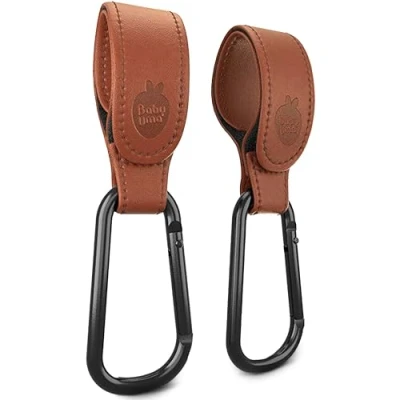 Image of Baby Uma Leather Style Buggy Clips 2 Pack of Universal Pram Clips, Non Slip Accessories, Carry up to 5 kg per Clip, Hooks for Bags, Shopping &amp; Travel Essentials (Camel)