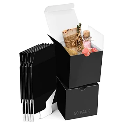 Image of Belle Vous 50 Pack Black Kraft Gift Boxes Box Measures 7.5 x 7.5cm (3 3 inches) Easy Assemble Square Presentation Favour Present Parties, Birthdays, Weddings, Holidays
