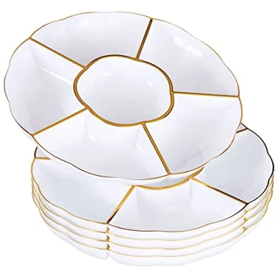 Image of MATANA 5 White 6 Compartment Plastic Trays with Gold Rim, 30cm Section Food Serving Platters for Party Snacks, Appetizers, Fruits, Nibbles, Condiments Sturdy &amp; Reusable