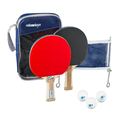 Image of Relaxdays Table Tennis Set 3 Stars with Ping Pong Padles, Net &amp; Balls in a Transport Bag, 26 x 16.5 3.7 cm, Game Accessories Pack, Blue