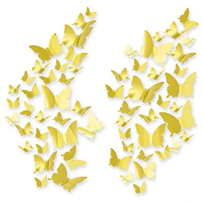 Image of 60pcs Butterfly Wall Stickers, CAYUDEN Removable Paper Mirror Stickers 3D DIY Gold Decorations 3 Sizes Decal for Window Wedding Party Cake Decoration