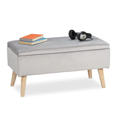 Image of Relaxdays ottoman storage bench, velvet upholstery, 40 l capacity, padded, wooden legs, seating furniture, light grey, Wood, 80 x 41 cm