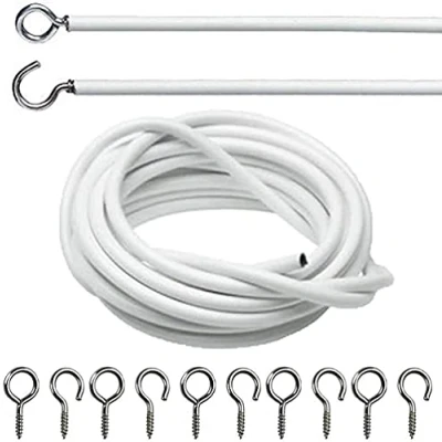 Image of DIVCHI White Window Net Curtain Wire Cord Cable With 8 Hooks &amp; Eyes (4 Meter Wire+8 Hooks+8 Eyes)