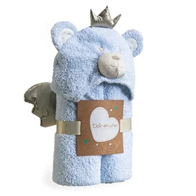 Image of Clair de Lune Soft Hooded Baby/Toddler Blanket 100 x 75 cm Animal Two Layered Cosy Snuggle Swaddle/Wrap Designed for Baby Comfort Newborn Essentials (Little Bear Blue)