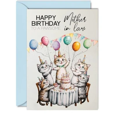 Image of Mother in Law Birthday Card Pawsome Party Cats Balloons Happy for from Son Daughter Law, A5 Female Cat Bday Greeting Cards