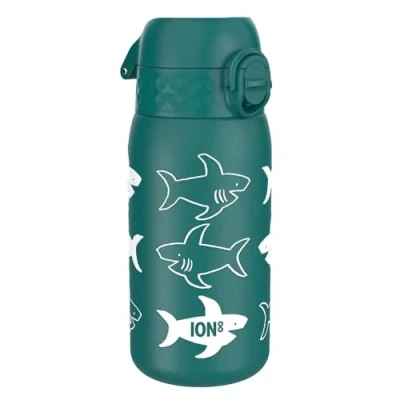 Image of Ion8 Insulated Steel Water Bottle, 320 ml/11 oz, Leak Proof, Easy to Open, Secure Lock, Dishwasher Safe, Carry Handle, Flip Cover, Metal Raised Print, Stainless Steel, Sharks Design
