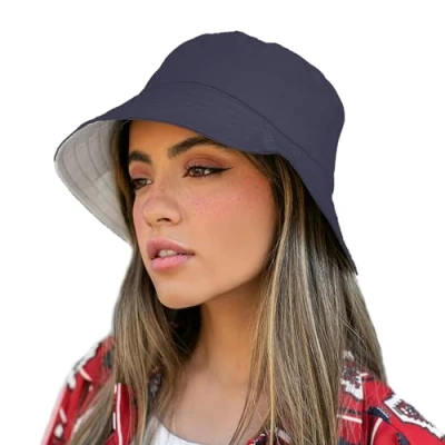 Image of TOSKATOK® UPF 50+ Ladies Women’s Reversible Cotton Bucket Sun Hat 2 Hats in 1 Navy/White