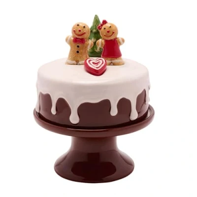 Image of The Seasonal Gift Co Gingerbread Icing Cake Stand With Lid Glazed Ceramic Whimsical Festive Gifting &amp; Homeware Practical Present for Winter Season Dining, Kitcken Home.