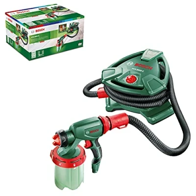 Image of Bosch Home and Garden paint spray system PFS 5000 E (2x 1000 ml tanks, nozzle for wall (white)/varnishes (grey)/lacquers (black), filter, cleaning brush, in carton packaging)
