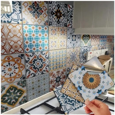 Image of 48 Waterproof Tile Stickers Kitchen Victorian Portuguese Moroccan Mosaic Style Transfers Cover for 4 x 10 10cm Bathroom Stick On Wall Peel N Decals