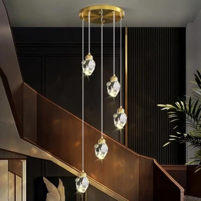 Image of Sxtiger Modern Crystal Pendant Light, 3 Color LED Gold Ceiling Hanging Lamp, for Kitchen Island Bedroom Living Room Dining Lighting (5 Head Round Base)
