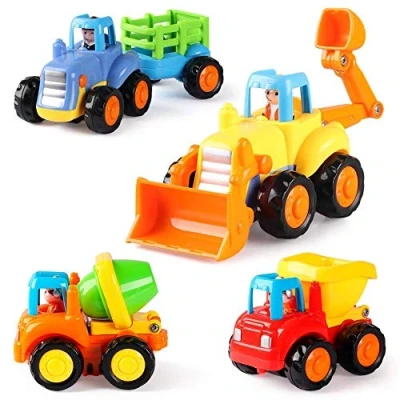 Image of Coogam Friction Powered Cars 4 Pack Construction Vehicles Cartoon Push and Go Tractor, Bulldozer, Truck, Dumper Fine Motor Skill Activity Toy Gift for Boy Children Kids