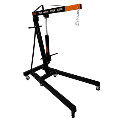 Image of Engine Crane 1 Tonne Ton 1000kg Hydraulic Pump Handle Folding Legs Hoist Lift Jack Stand 6 Portable Heavy Duty Wheels Workshop Garage 4 JIB Positions Chain Hook Black Powder Coated Steel