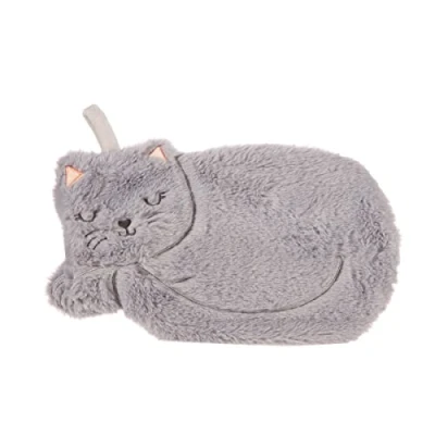 Image of Grey Cat Animal Character Warm hot Water Bottle with Removable Fluffy Cover