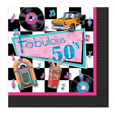 Image of Beistle 58135 Fabulous 50&#039;s Luncheon Napkins, Paper, Multicolor