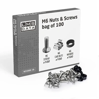 Image of LMS Data M6 Cage Nuts, Bolts and Washers Kit for Patch Panel Rack Mount Equipment Network Cabinets Size 19 Inch 10 (100, Nickle)