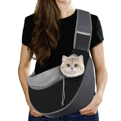 Image of Pawaboo Pet Dog Sling Carrier, Hand Free Drawstring Papoose with Adjustable Strap, Breathable Mesh Bag for Puppy Cat, Crossbody Satchel Purse Pocket Outdoor, Dark Gray+Black, Small