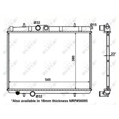 Image of 133038 Engine radiator NRF 56096 Aluminium 545mm 380mm 23mm with mounting parts Brazed cooling fins PEUGEOT: 206 Hatchback