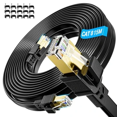 Image of Cat 8 Ethernet Cable 15m, High Speed 40Gbps 2000MHz Internet Flat Network FTP Shielded Gigabit RJ45 LAN Long Black Wlan WIFI for Modem Router