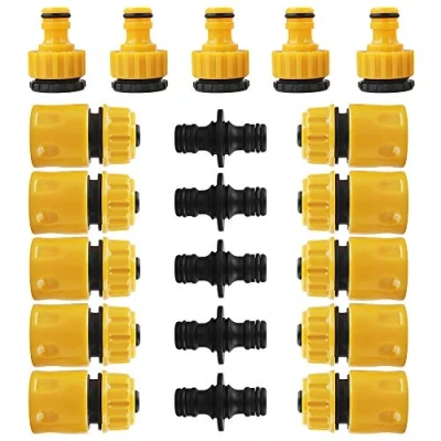 Image of 20 Pieces Garden Hose Connector Set, Plastic Tap End Double Male Connectors Extender Quick for Gardening Washing(Black, Yellow)
