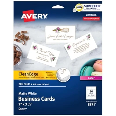 Image of Avery Printable Business Cards, Laser Printers, 200 2 x 3.5, Clean Edge (5871)