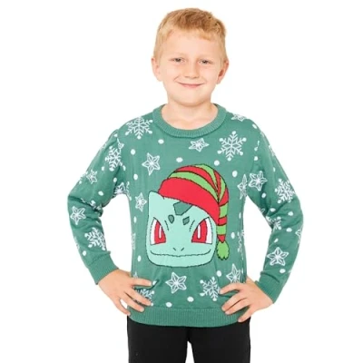 Image of Pokemon Boys Christmas Jumper, Cosy Knitted Xmas Sweater Gifts for (Green, 9 10 Years)