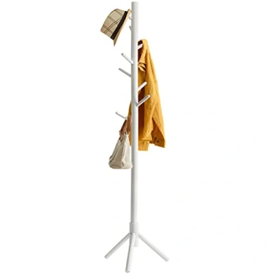 Image of YMYNY Wooden Coat Rack Stand, Hall Tree Free Standing with 8 Hooks, Hallway Hanger Hat Stand for Bag Umbrella Clothes Scarves, Adjustable Sizes, White HD HRF 1194