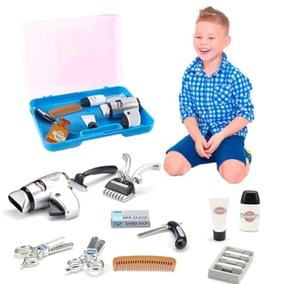 Image of COO11 Kids Barber Shop Toys Set 2 IN 1 Shaving kit Childrens Todler Hairstyle Clipper Beauty Pretend Hair Cutting Hairdresser Dryer Scissors Ages 3 Plus