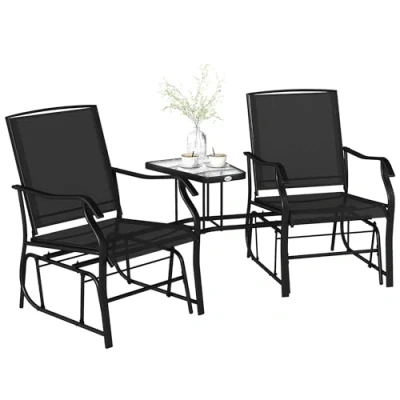 Image of Outsunny Outdoor Double Glider Rocking Chairs with Glass Top Middle Table, Metal Gliding Love Seat Conversation Furniture Breathable Mesh Fabric Seat, for Garden, Patio, Black