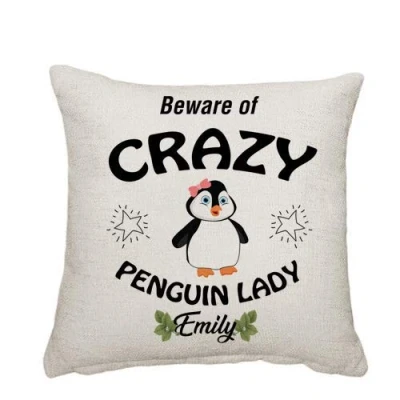 Image of Getagift Personalised Beware Of Crazy Penguin Lady Themed Funny Cushion Cover, Throw Pillow Cover. Linen Cover
