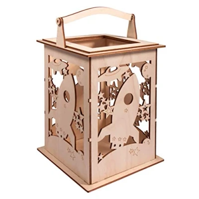 Image of Rayher Wooden Lantern Building Kit with Rocket Design, DIY Wood Craft Set 15 slot together Pieces, natural wood, 15.3x15.3x26.5cm, 62894505